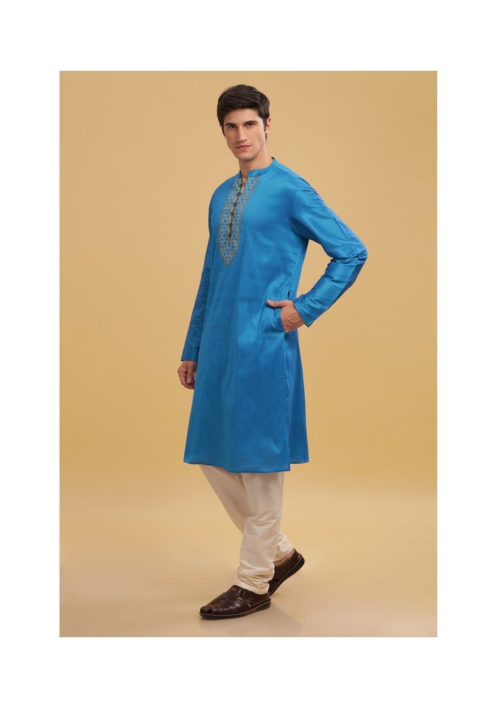 ARCHATTIRE Men’s Turquoise Cotton Silk Long Kurta for Men - Image 5