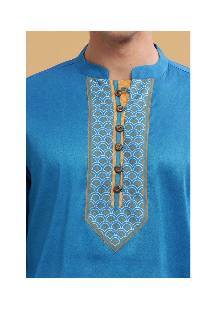 ARCHATTIRE Men’s Turquoise Cotton Silk Long Kurta for Men - Image 3