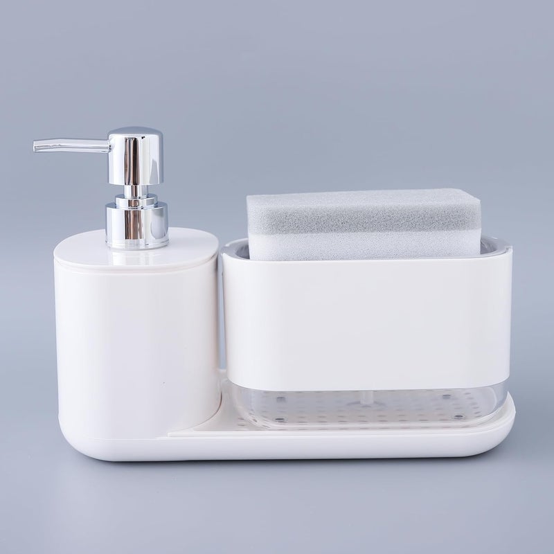 Kuber Industries 3 in 1 Bathroom Soap Dispenser 500ml & 300ml | Plastic Soap Dish Holder Drain Tray | Multifunctional| Kitchen Accessories | White |Durable |Handwash Dispenser - Image 1