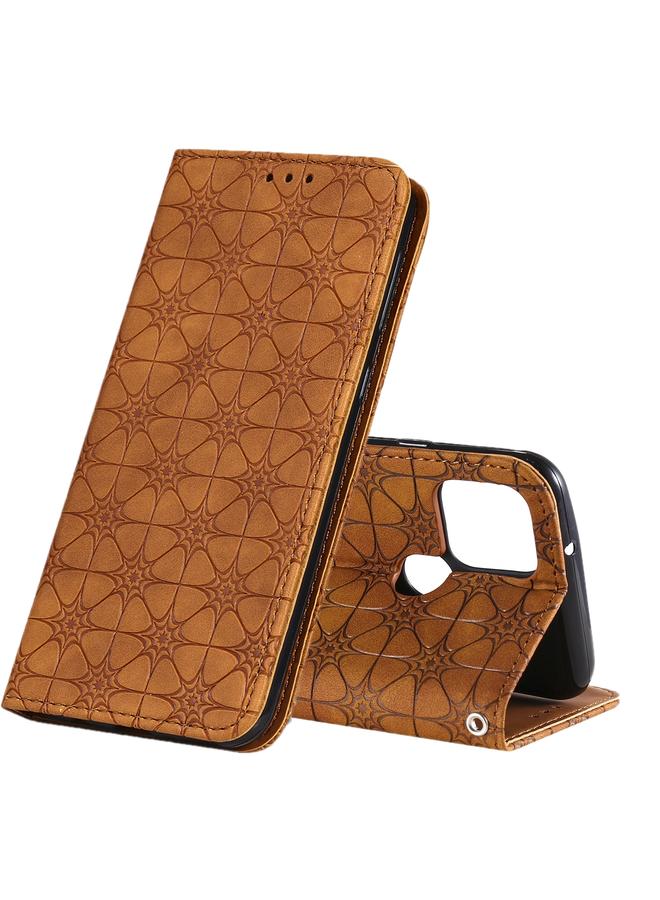 زبون جراب لهاتف Google Pixel 5 من الجلد بنقش زهور محظوظة مع حامل وفتحات للبطاقات. - Image 1