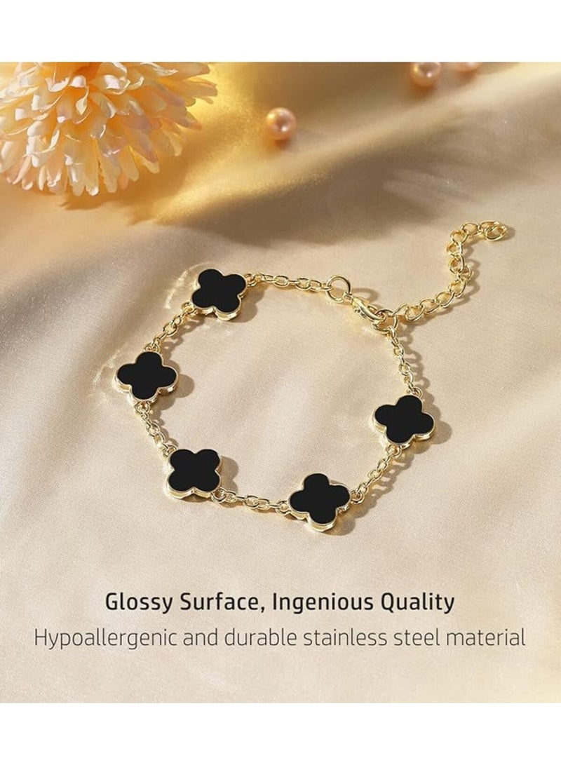 سوار سلسلة البرسيم المطلي بلون الذهب عيار 18 قيراطًا للنساء والفتيات، سلاسل ربط أنيقة قابلة للتعديل من 5 زهورأنه سوار لطيف بتصميم فاخر على شكل أربع أوراق، سوار محظوظ، هدية مجوهرات لها - Image 3