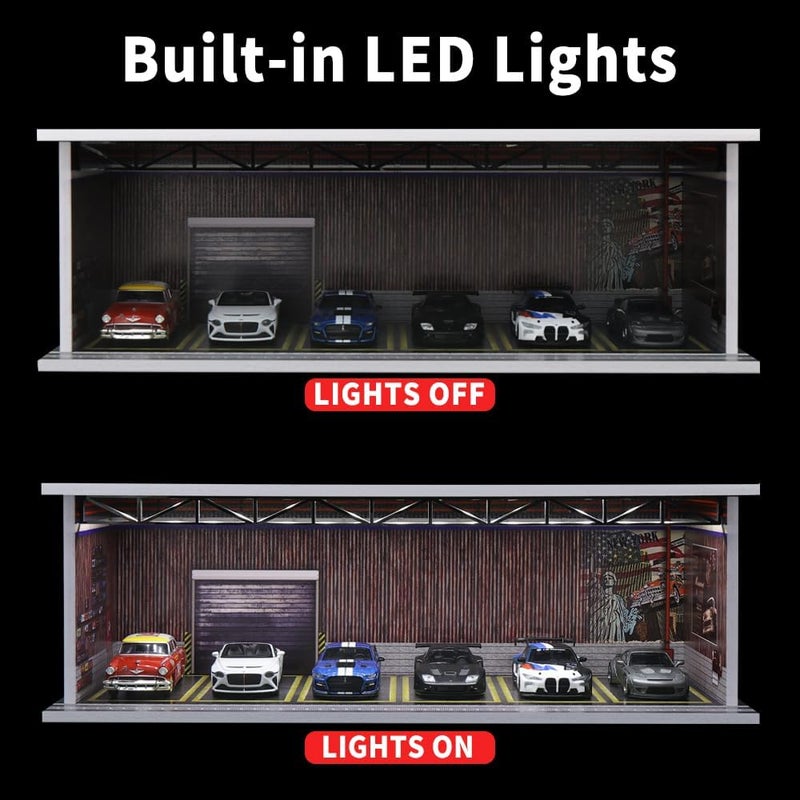 G-FANS 1/64 Scale Hot die-cast Wheels Model car scenarios Display case with LED Light and Acrylic Cover, Scenes Parking lot Diorama Storage Garage Box with 6 Parking Spaces (Warehouse) - Image 3