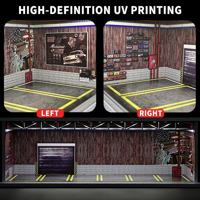 G-FANS 1/64 Scale Hot die-cast Wheels Model car scenarios Display case with LED Light and Acrylic Cover, Scenes Parking lot Diorama Storage Garage Box with 6 Parking Spaces (Warehouse) - Image 4