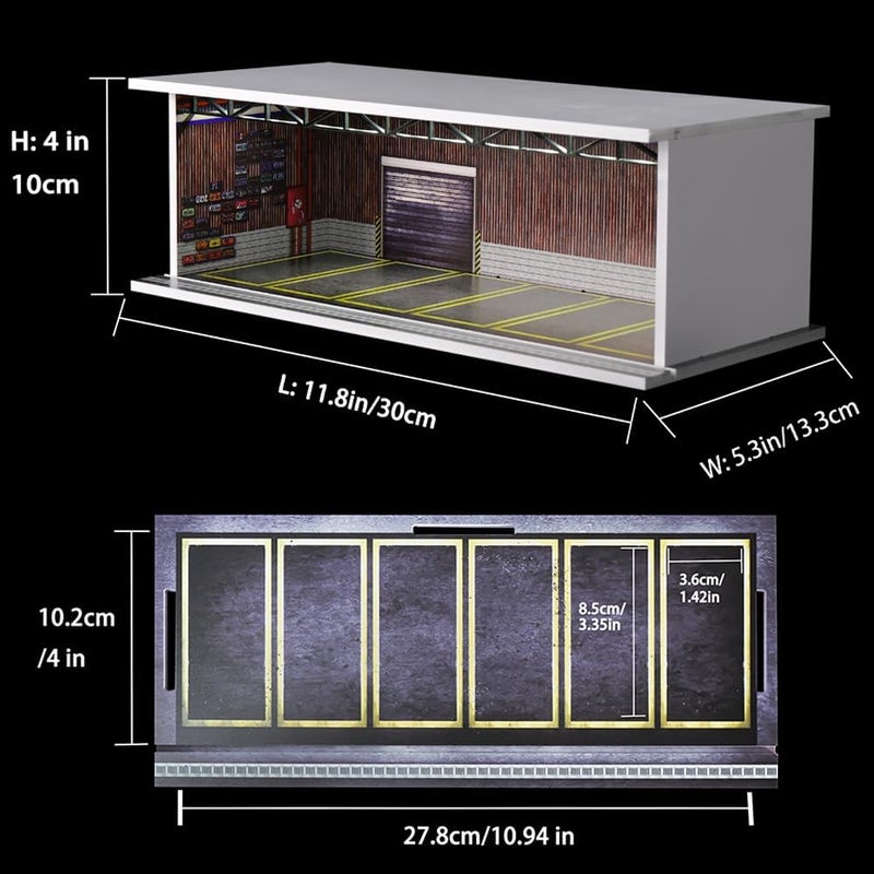 G-FANS 1/64 Scale Hot die-cast Wheels Model car scenarios Display case with LED Light and Acrylic Cover, Scenes Parking lot Diorama Storage Garage Box with 6 Parking Spaces (Warehouse) - Image 2