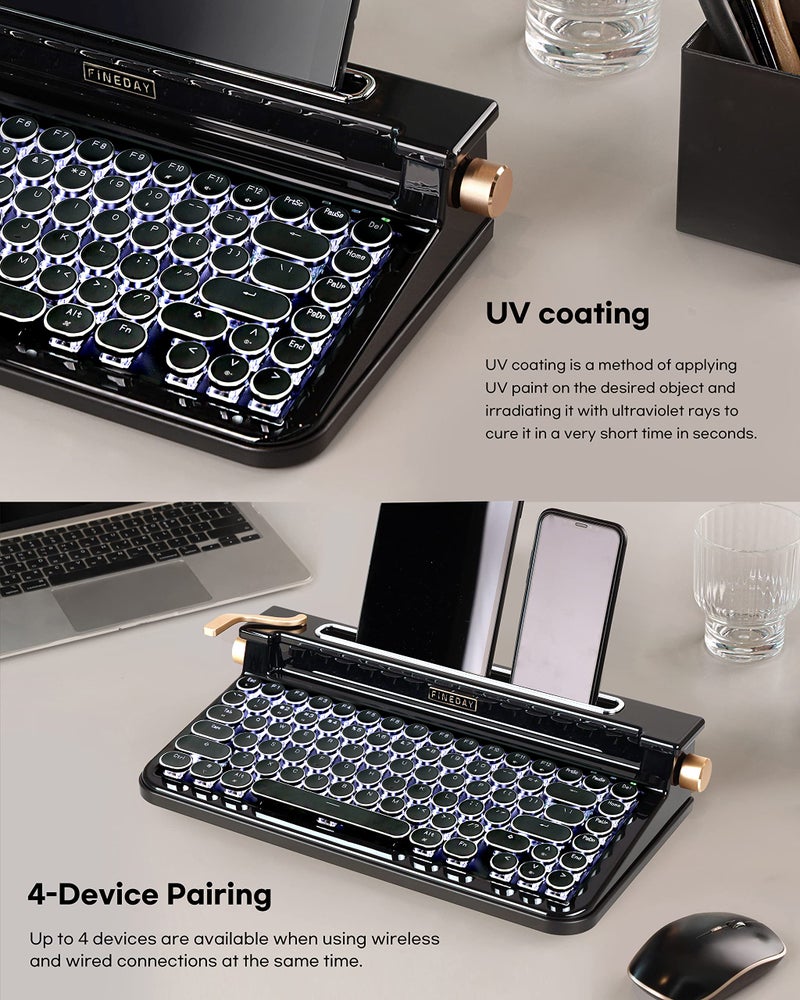 FINEDAY Keyboard 3.0 Full Aluminum Keycaps Blue Switch Retro Mechanical Keyboard 83 Keys Bluetooth 5.0 and USB for up to 4 Devices for Desktop PC Laptop Mac Phone (Black) - Image 2