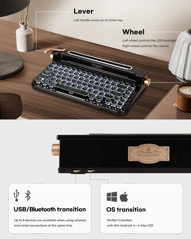FINEDAY Keyboard 3.0 Full Aluminum Keycaps Blue Switch Retro Mechanical Keyboard 83 Keys Bluetooth 5.0 and USB for up to 4 Devices for Desktop PC Laptop Mac Phone (Black) - Image 3