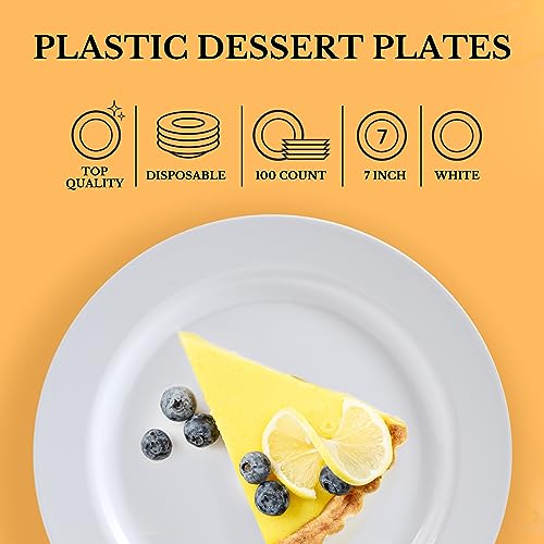 FOCUSLINE 100 Count White Plastic Dessert Plates 7 Inch, Disposable Heavy Duty Plastic Plates for Weddings, Parties and Events - Image 4