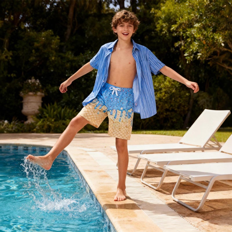 westwolf Bathing Suits for Kids Blue Ice Cream Swim Trunks Boy's 2 in 1 Swimming Shorts Boy Yellow Waffle Board Shorts Size 8-9T Beach Short Medium - Image 3
