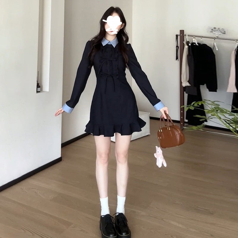 2024 New Womens French Style Short Skirt Dress Elegant Inner Wear Autumn Winter Coat Match Small Size Personality Dress Navy blue
