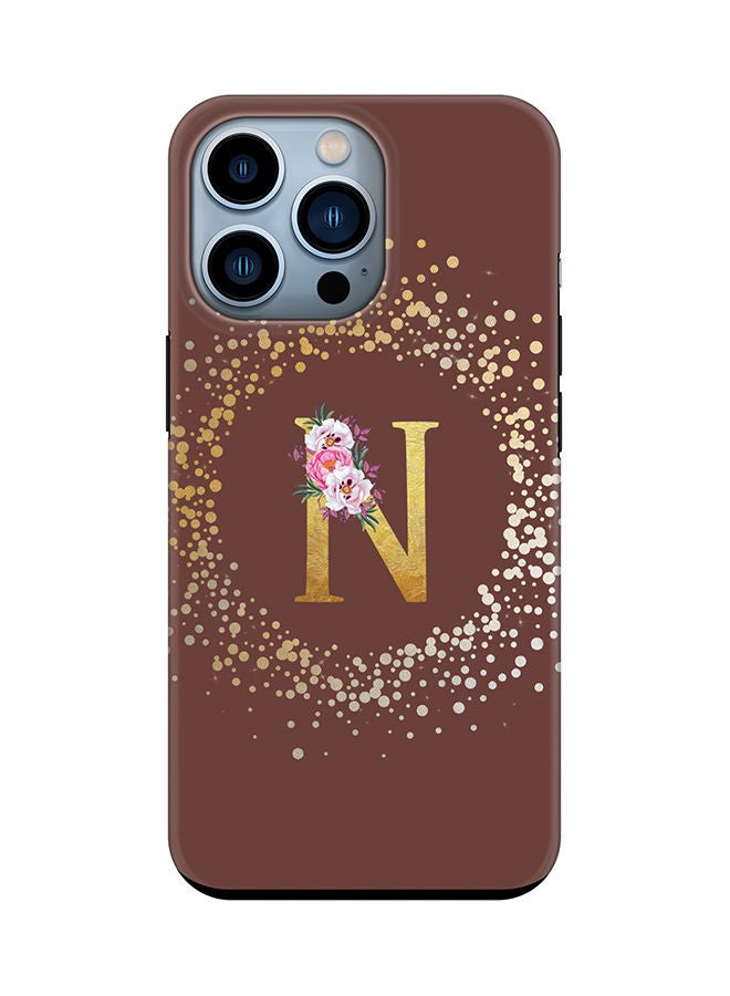 Stylizedd Monogram Tough Series for Apple iPhone 13 Pro Custom Initials Floral Pattern Tough Pro Dual Layer hybrid PC inner TPU protection Alphabet- N (Brown) - Image 1