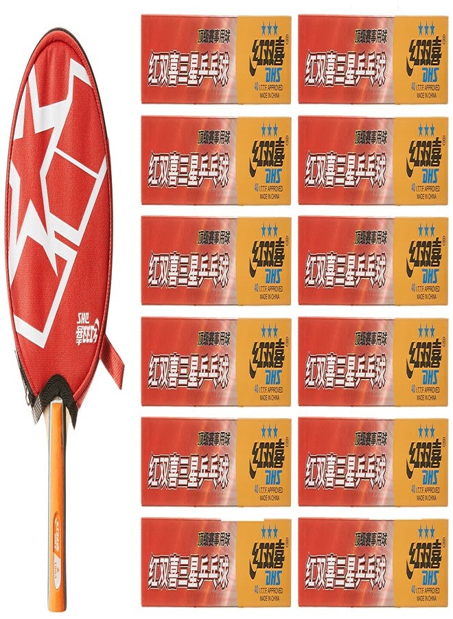 دي إتش أس مضرب تنس خشبي DHS A1003 مع كرة تنس 40 مم، 3 نجوم برتقالي (علبة من 72 قطعة) وغطاء مضرب تنس خشبي RC103 أحمر - Image 3