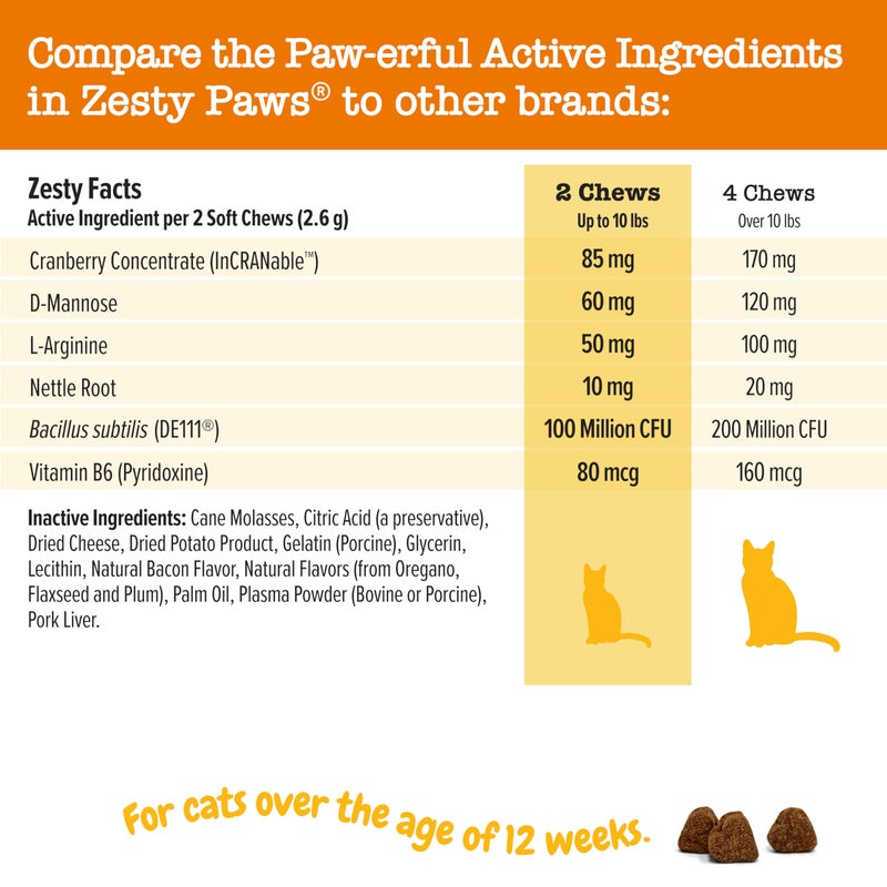 Zesty Paws Cranberry Urinary Tract Bites for Cats - Kidney & Urinary Tract Health - Soft Chews with D-Mannose, Vitamin B6 & L-Arginine - Immune & Gut Support - Bacon - 60 Count - Image 4