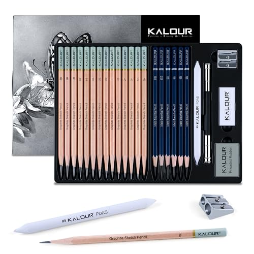 KALOUR 25-Piece Professional Sketch Pencil Set with Matte and Regular Pencils - Includes Vinyl Eraser, Kneaded Eraser, Sharpener, Pencil Extender and Blending Stump - Ideal for Artists and Beginners - Image 1