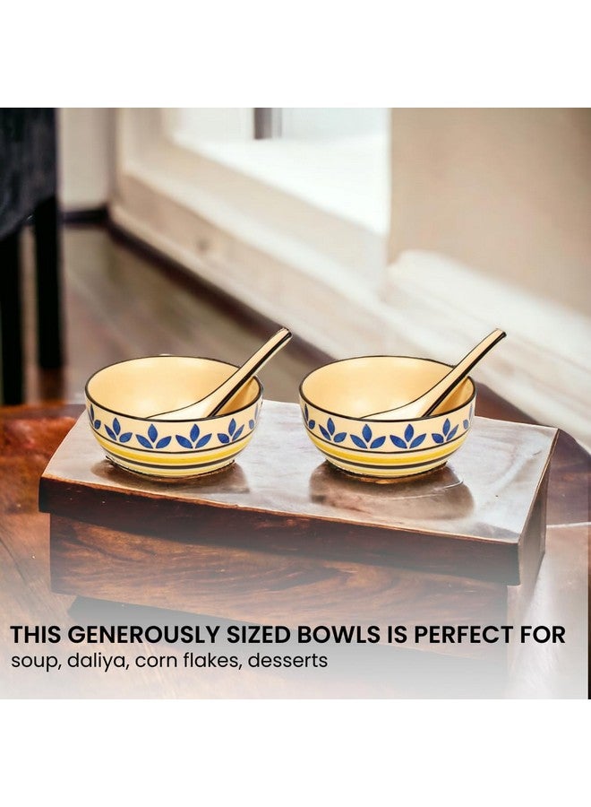 KITTENS Ceramic Soup Bowls with Spoons - Set of 2, 350 ml Each, Multicolour Leaf-Stripe Pattern | Microwave & Dishwasher Safe | Food Grade | Salad, Snacks, Ramen, Fruits, Mixing Bowl - Image 2