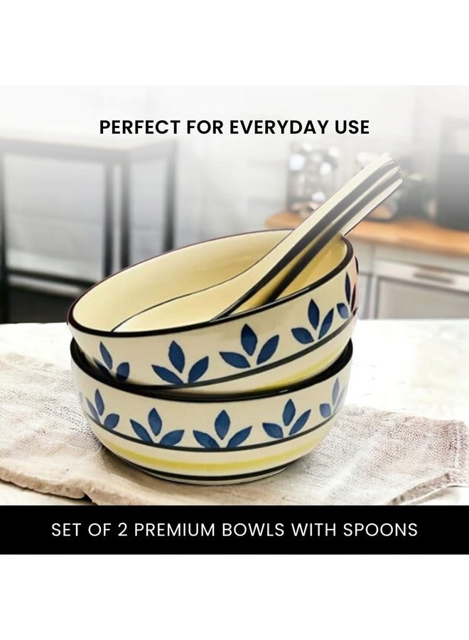 KITTENS Ceramic Soup Bowls with Spoons - Set of 2, 350 ml Each, Multicolour Leaf-Stripe Pattern | Microwave & Dishwasher Safe | Food Grade | Salad, Snacks, Ramen, Fruits, Mixing Bowl - Image 4