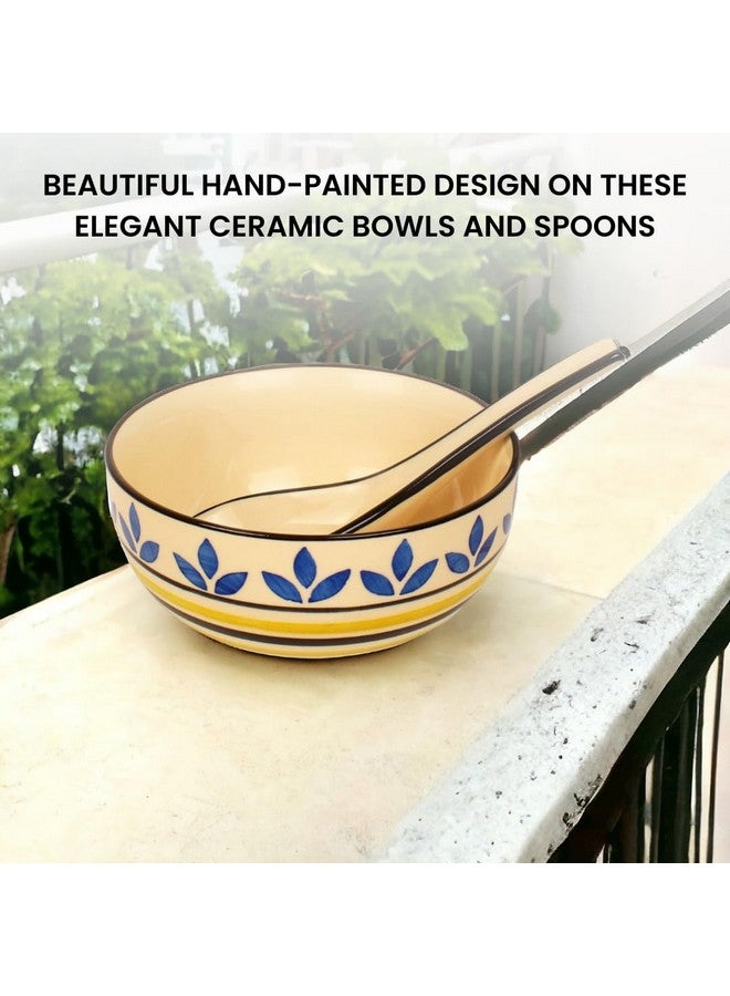 KITTENS Ceramic Soup Bowls with Spoons - Set of 2, 350 ml Each, Multicolour Leaf-Stripe Pattern | Microwave & Dishwasher Safe | Food Grade | Salad, Snacks, Ramen, Fruits, Mixing Bowl - Image 3
