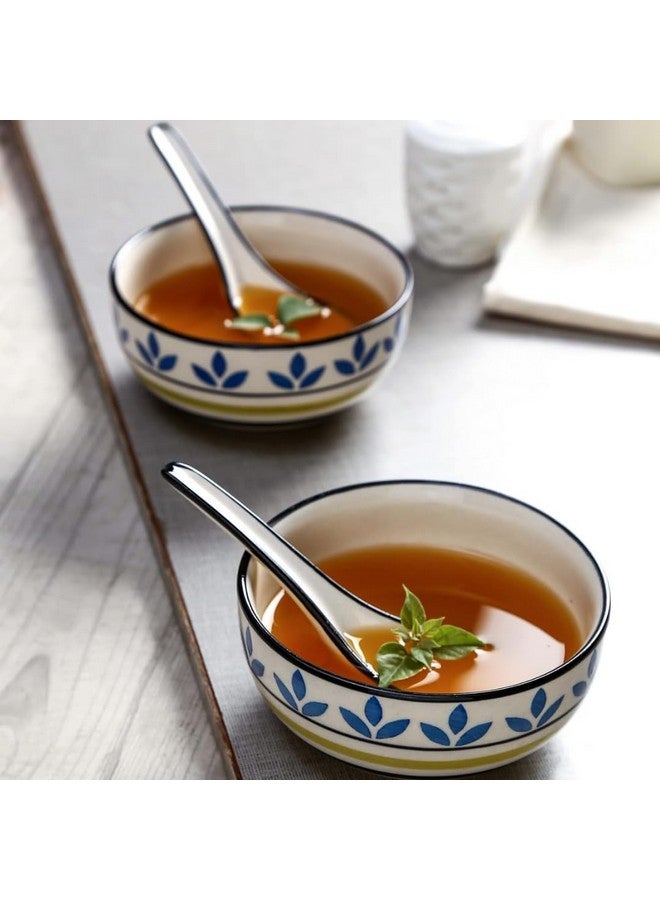 KITTENS Ceramic Soup Bowls with Spoons - Set of 2, 350 ml Each, Multicolour Leaf-Stripe Pattern | Microwave & Dishwasher Safe | Food Grade | Salad, Snacks, Ramen, Fruits, Mixing Bowl - Image 1