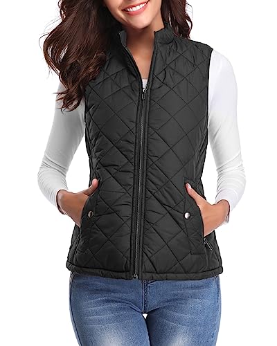 Fuinloth Women's Quilted Vest, Stand Collar Lightweight Zip Padded Gilet Black M - Image 1
