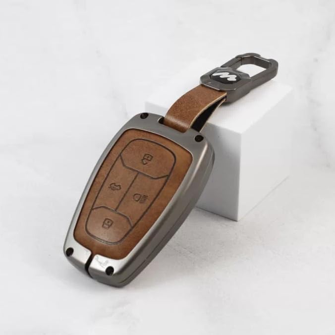 Carloginn®️ Metal Alloy Leather Key case for TATA 4 Button Smart Key (TAN) - Image 2