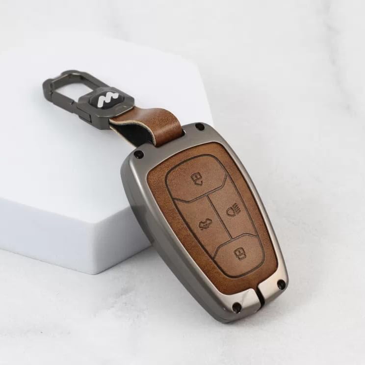 Carloginn®️ Metal Alloy Leather Key case for TATA 4 Button Smart Key (TAN) - Image 1