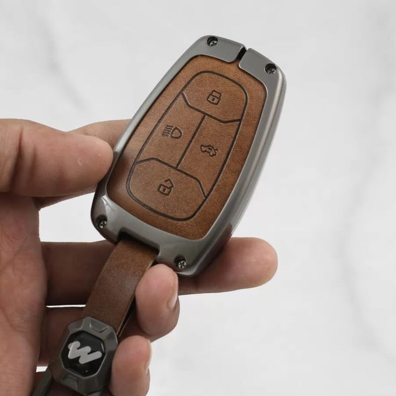Carloginn®️ Metal Alloy Leather Key case for TATA 4 Button Smart Key (TAN) - Image 5