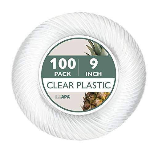 Ilyapa 100 Pack 9 Inch Disposable Dessert Plates Plastic Clear Party Sets for 100 Guests Clear Appetizer and Cake plates 9 Party  Dinner Accessories Round Smooth