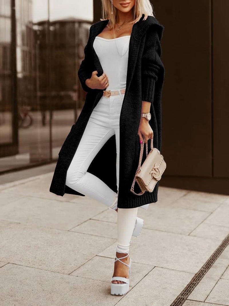 Aoysky Womens Long Cardigans Cable Knitted Open Front Oversized Hooded Outerwear Sweater Coat Black - Image 4