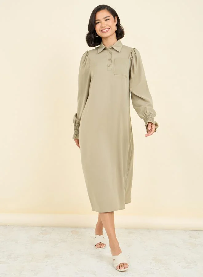 ستايلي Pocket Detail Collared Woven Shift Midi Dress