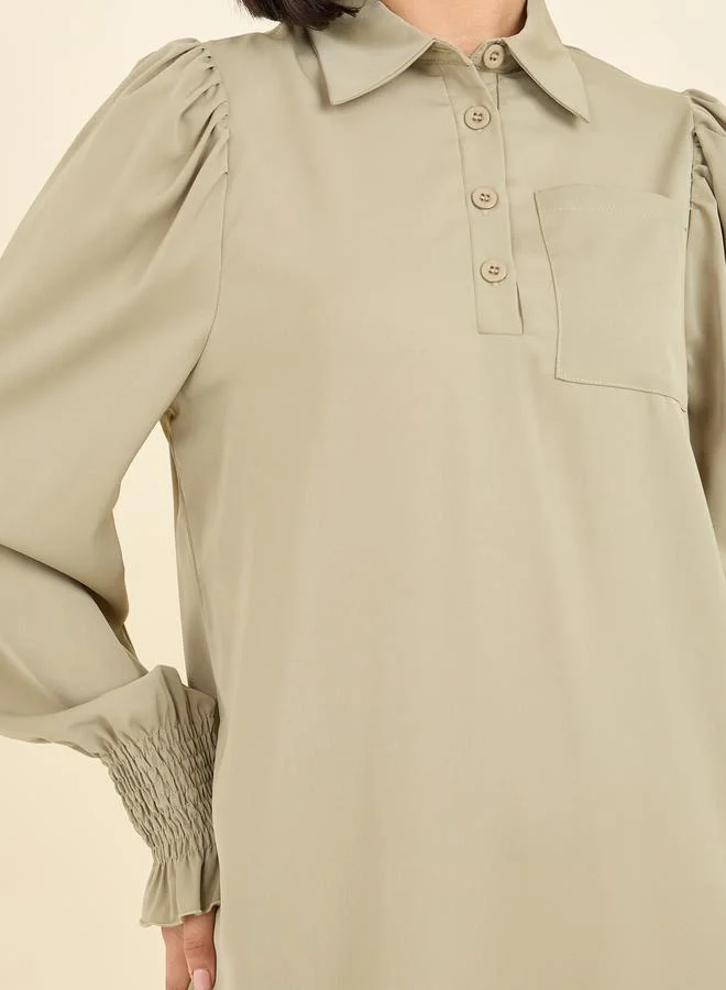 ستايلي Pocket Detail Collared Woven Shift Midi Dress