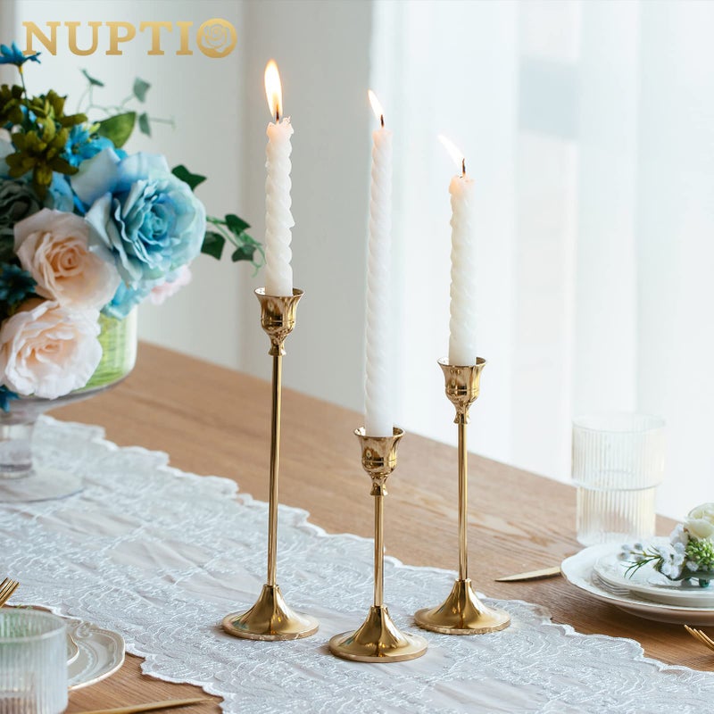 NUPTIO 2 Sets(6 Pcs) Brass Gold Metal Taper Candle Holders Candlestick Holders, Vintage Modern Decorative Centerpiece Candlestick Holders for Table Mantel Wedding Housewarming Gift - Image 2