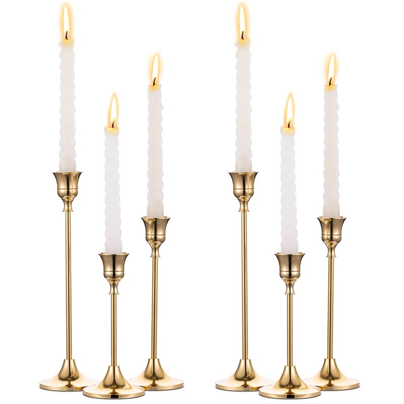 NUPTIO 2 Sets(6 Pcs) Brass Gold Metal Taper Candle Holders Candlestick Holders, Vintage Modern Decorative Centerpiece Candlestick Holders for Table Mantel Wedding Housewarming Gift - Image 1