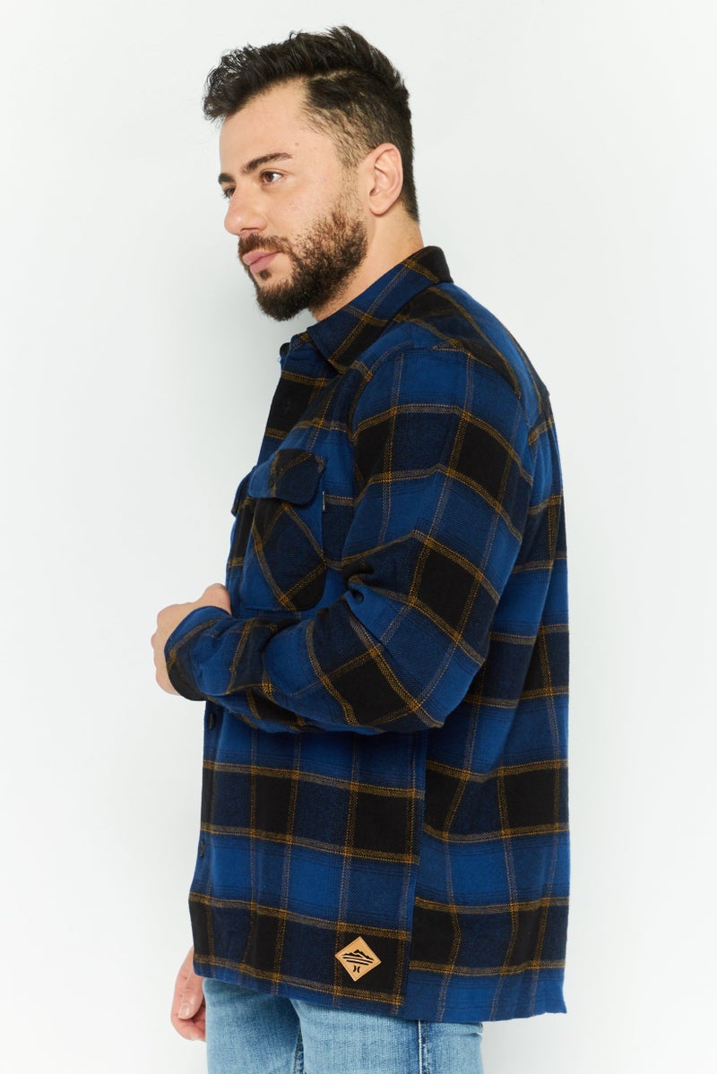 Hurley Men Regular Fit Checkered Long Sleeve Casual Shirts, Blue Combo  - Image 3