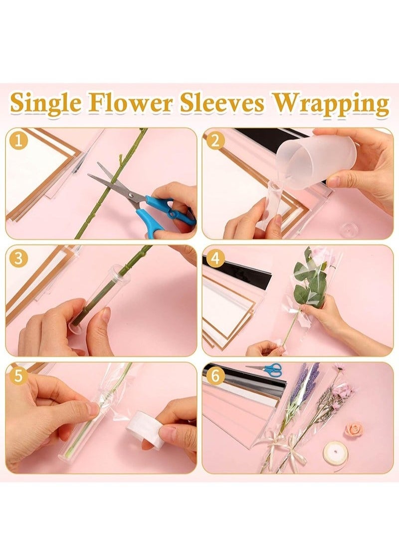 50 Pcs Single Rose Sleeve with 20 Pcs Floral Water Tubes for Bouquets, Single Flower Sleeve Flower Wrapping Bags Flower Water Tubes for Mother's Day Graduation Party(Gold edge pink) - Image 3