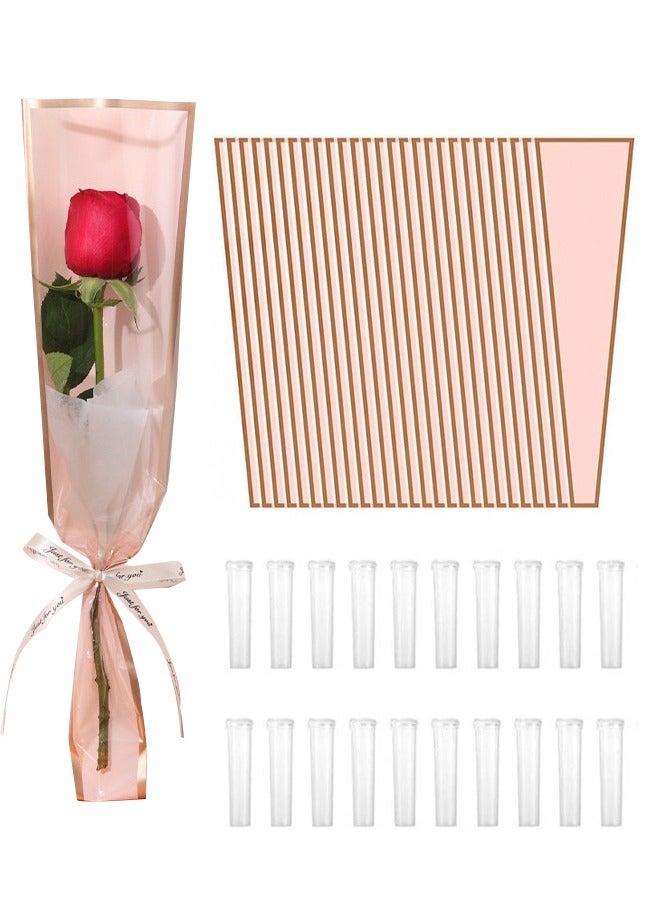 50 Pcs Single Rose Sleeve with 20 Pcs Floral Water Tubes for Bouquets, Single Flower Sleeve Flower Wrapping Bags Flower Water Tubes for Mother's Day Graduation Party(Gold edge pink) - Image 1