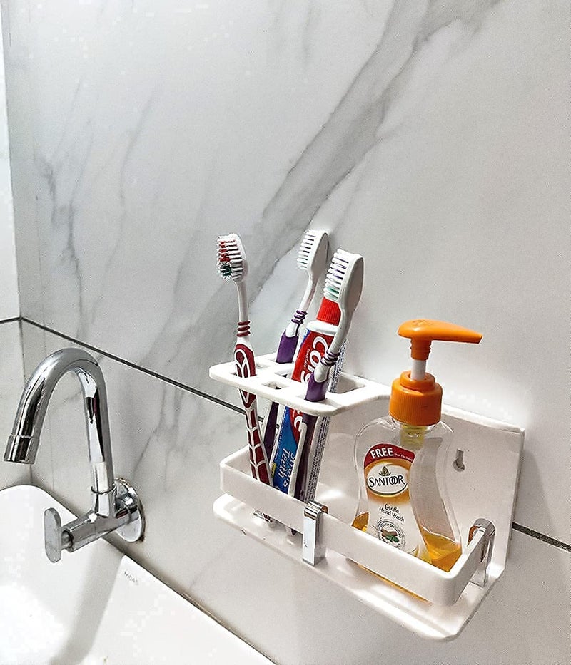 Uzox Wall Mounted self Adhesive Acrylic Tooth BrushToothpaste HolderStandTumblerToothpaste for Bathroom Stand Organizer Rack for Homewith Handwash Stand White - Image 1