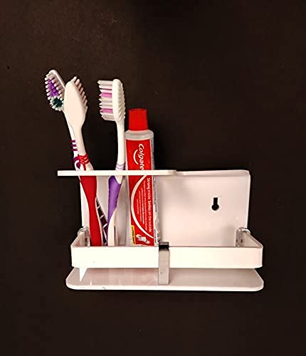 Uzox Wall Mounted self Adhesive Acrylic Tooth BrushToothpaste HolderStandTumblerToothpaste for Bathroom Stand Organizer Rack for Homewith Handwash Stand White - Image 5