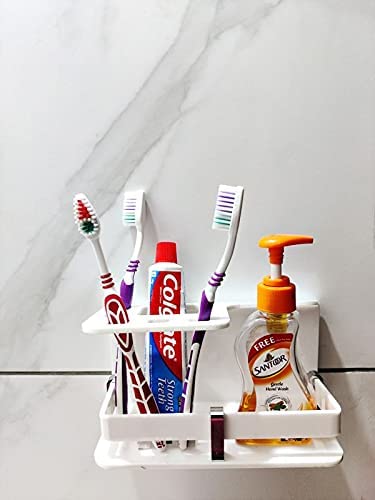 Uzox Wall Mounted self Adhesive Acrylic Tooth BrushToothpaste HolderStandTumblerToothpaste for Bathroom Stand Organizer Rack for Homewith Handwash Stand White - Image 2
