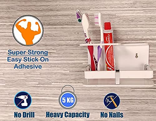 Uzox Wall Mounted self Adhesive Acrylic Tooth BrushToothpaste HolderStandTumblerToothpaste for Bathroom Stand Organizer Rack for Homewith Handwash Stand White - Image 3