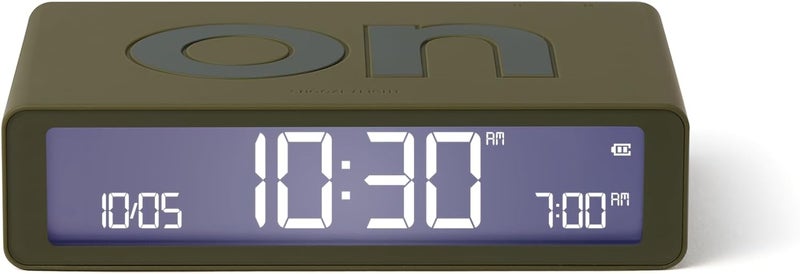 LEXON Flip Classic Luminous Morning Alarm Clock, Reversible with Face on Off and Snooze Function, LCD Screen and Touch Light, Rechargeable by USB-C - Khaki - Image 1