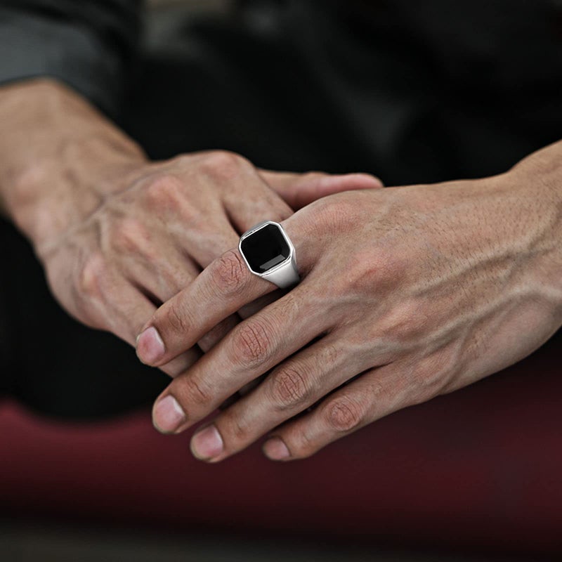 MEALGUET Jewelry Fashion Stainless Steel Signet Ring with Black Agate for Men, Size 9 - Image 2