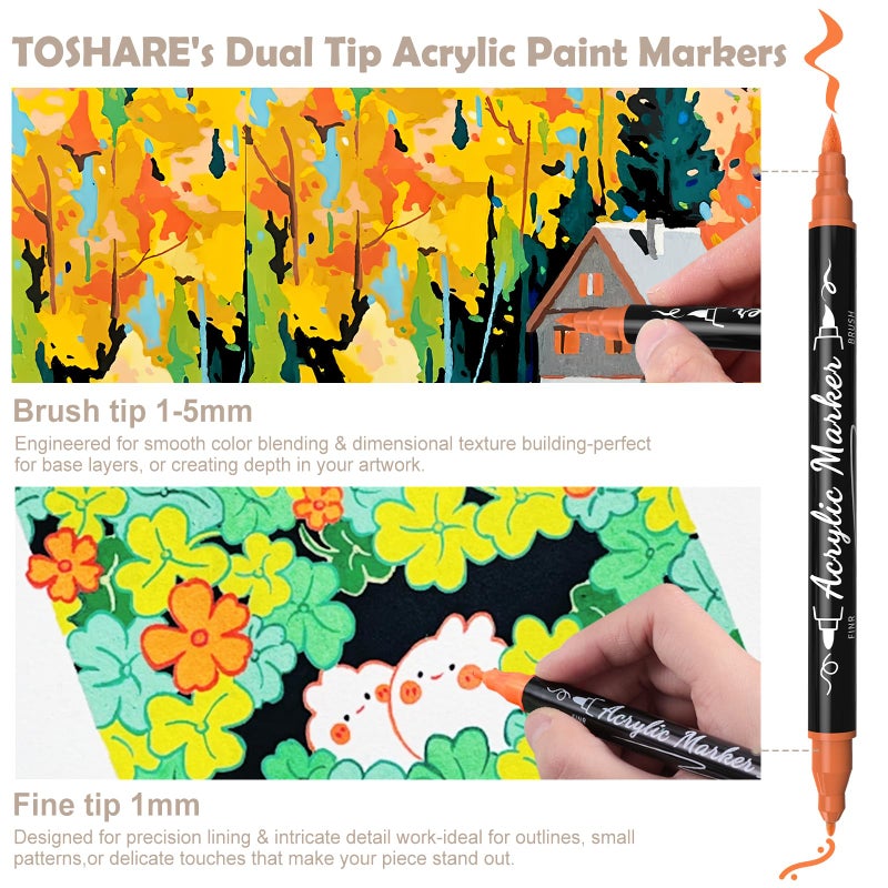 TOSHARE 60 Colors Acrylic Paint Markers - Waterproof Dual Tip Acrylic Paint Pens with Brush & Fine Tip Professional Marker Set Scrapbook Markers for Paper Rock Wood Fabric Glass Ceramic and DIY Crafts - Image 2