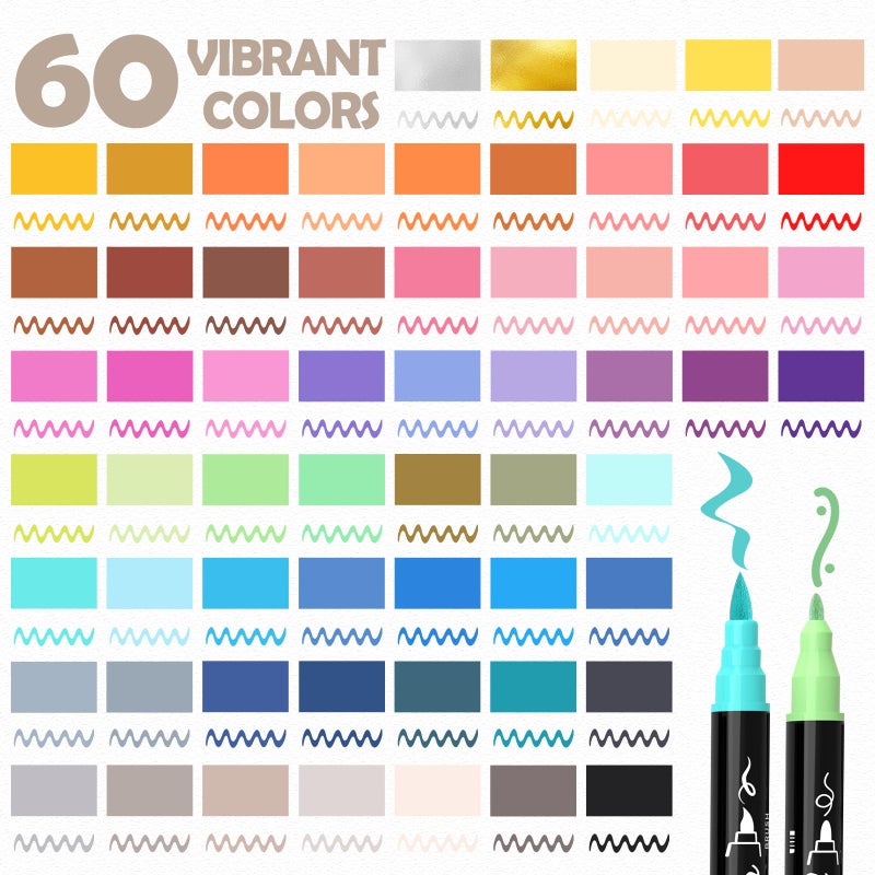 TOSHARE 60 Colors Acrylic Paint Markers - Waterproof Dual Tip Acrylic Paint Pens with Brush & Fine Tip Professional Marker Set Scrapbook Markers for Paper Rock Wood Fabric Glass Ceramic and DIY Crafts - Image 3