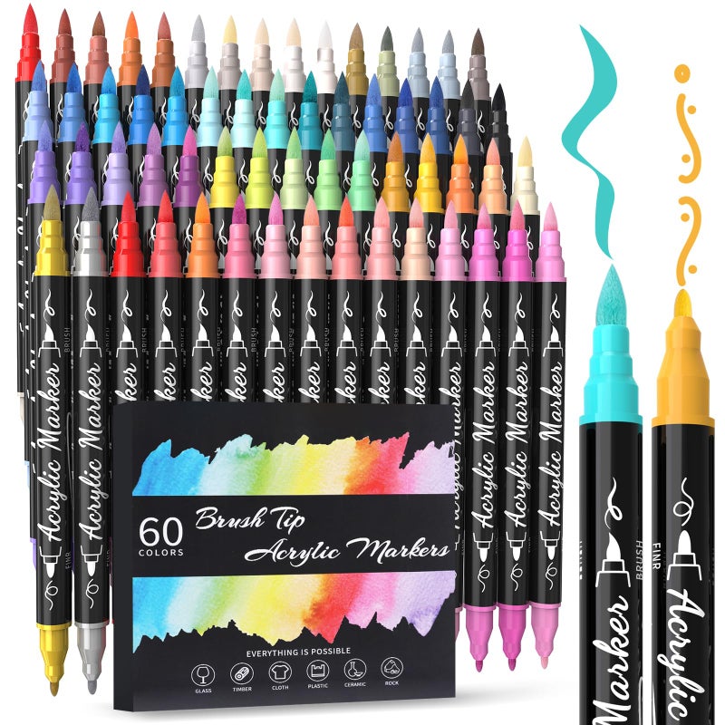 TOSHARE 60 Colors Acrylic Paint Markers - Waterproof Dual Tip Acrylic Paint Pens with Brush & Fine Tip Professional Marker Set Scrapbook Markers for Paper Rock Wood Fabric Glass Ceramic and DIY Crafts - Image 1
