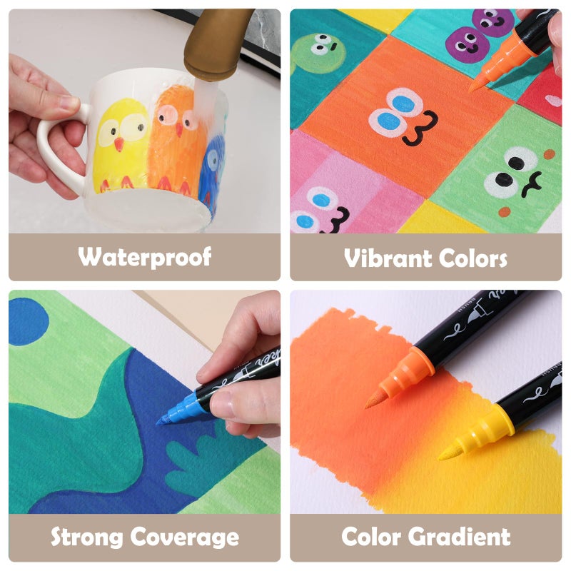 TOSHARE 60 Colors Acrylic Paint Markers - Waterproof Dual Tip Acrylic Paint Pens with Brush & Fine Tip Professional Marker Set Scrapbook Markers for Paper Rock Wood Fabric Glass Ceramic and DIY Crafts - Image 4