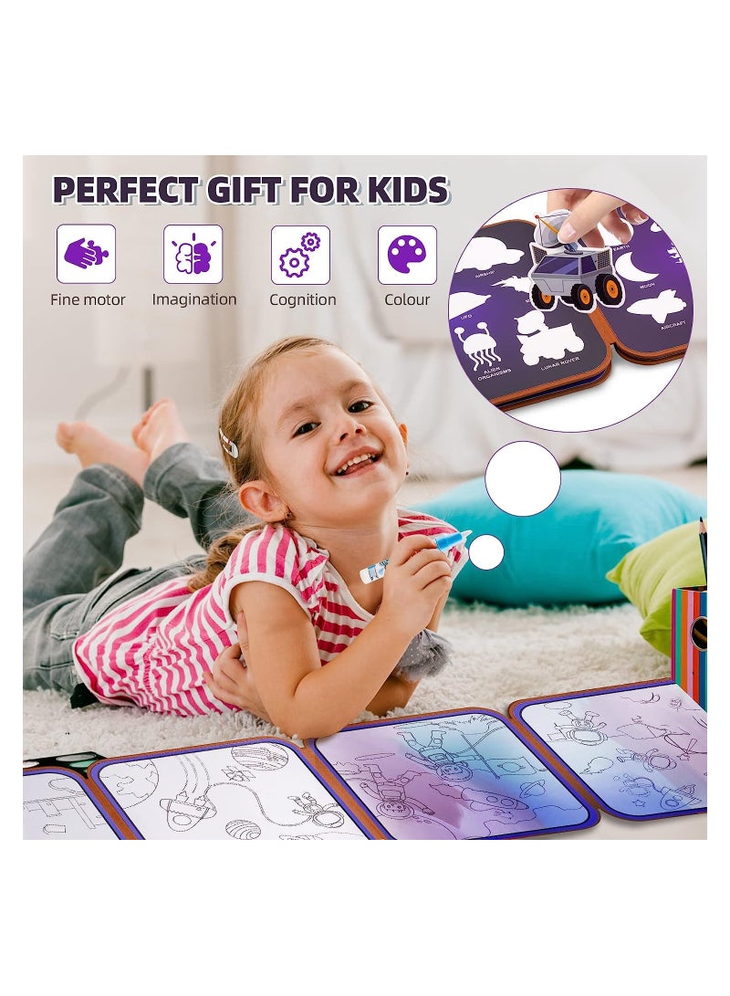 Excefore Reusable Water Colouring Books 2 in 1 Kids Magic Coloring Books with Pen and Stickers Books Animal Space Sticker Book  - Image 3