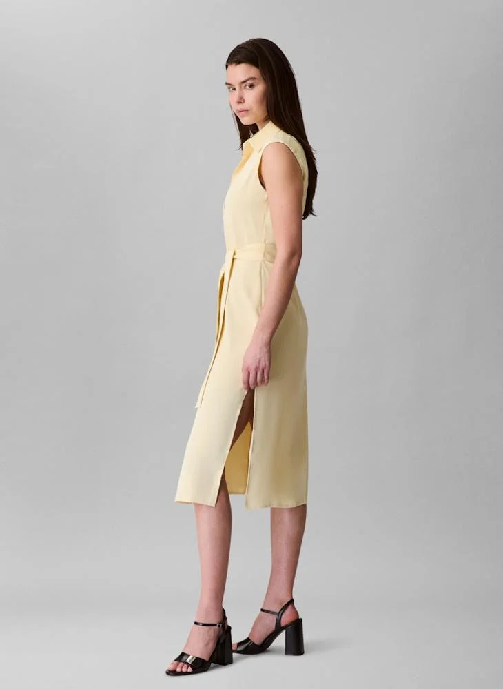 CALVIN KLEIN Tie Waist Side Slit Sleeveless Midi Shirt Dress