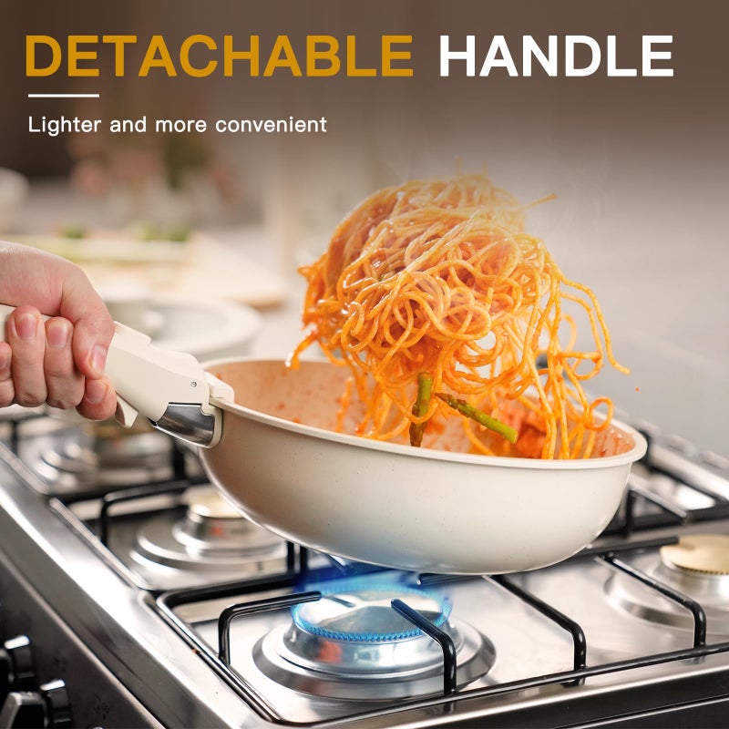 Astercook Ceramic Non-stick Cookware 21 Pcs Pots and Pans Set, Detachable Handle, RV Kitchen Non Stick Cooking Set Removable Handles, Oven Safe, Induction Ready, Stackable, Cream White - Image 3