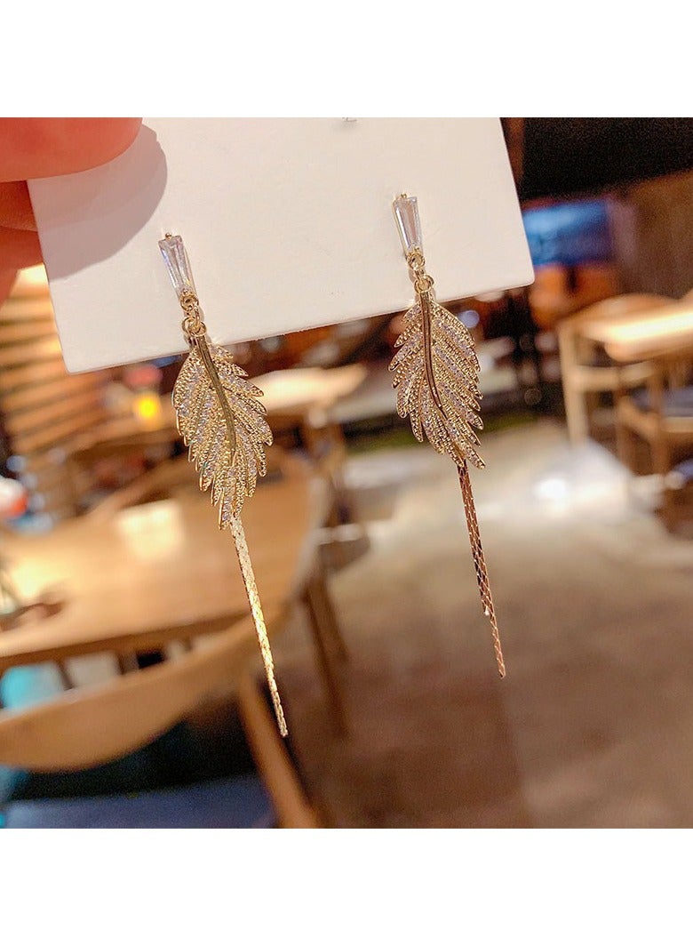 Gold Leaf Shaped Tassel Earrings 