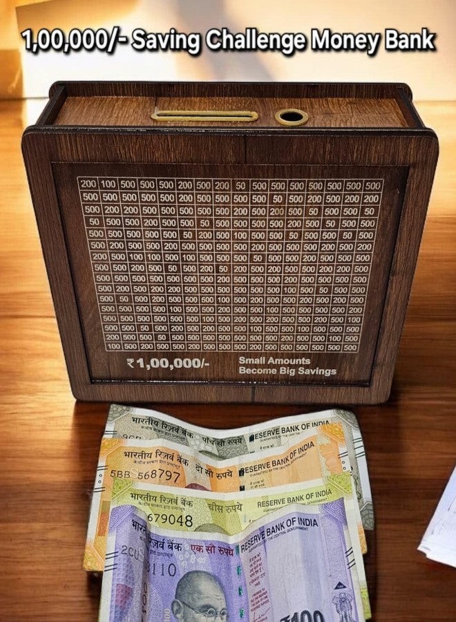 PIPALIYA Wooden Money Savings Box, 1 Lakh Rupees Goal Tracker Chart, Piggy Bank for Kids and Adults - Image 2