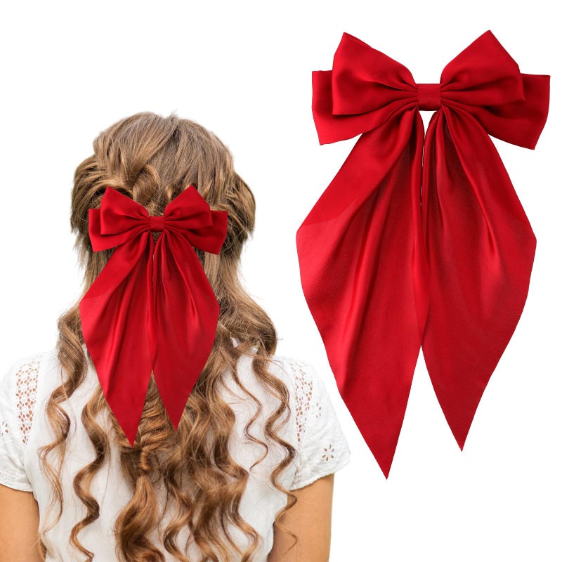 Andibro Long Tail French Ribbon Bow Hairpins Big Bow Barrettes Soft Silky Satin Hair Clips Aesthetic Hairclips Metal Bowknot Clips Bow Hair Dress Up 90s Accessories Decor for Wedding PartyRed